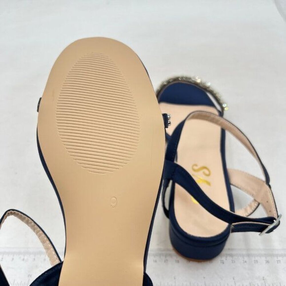 Crystal-Trim Navy Low Block Heel Sandals - Picture 6 of 7